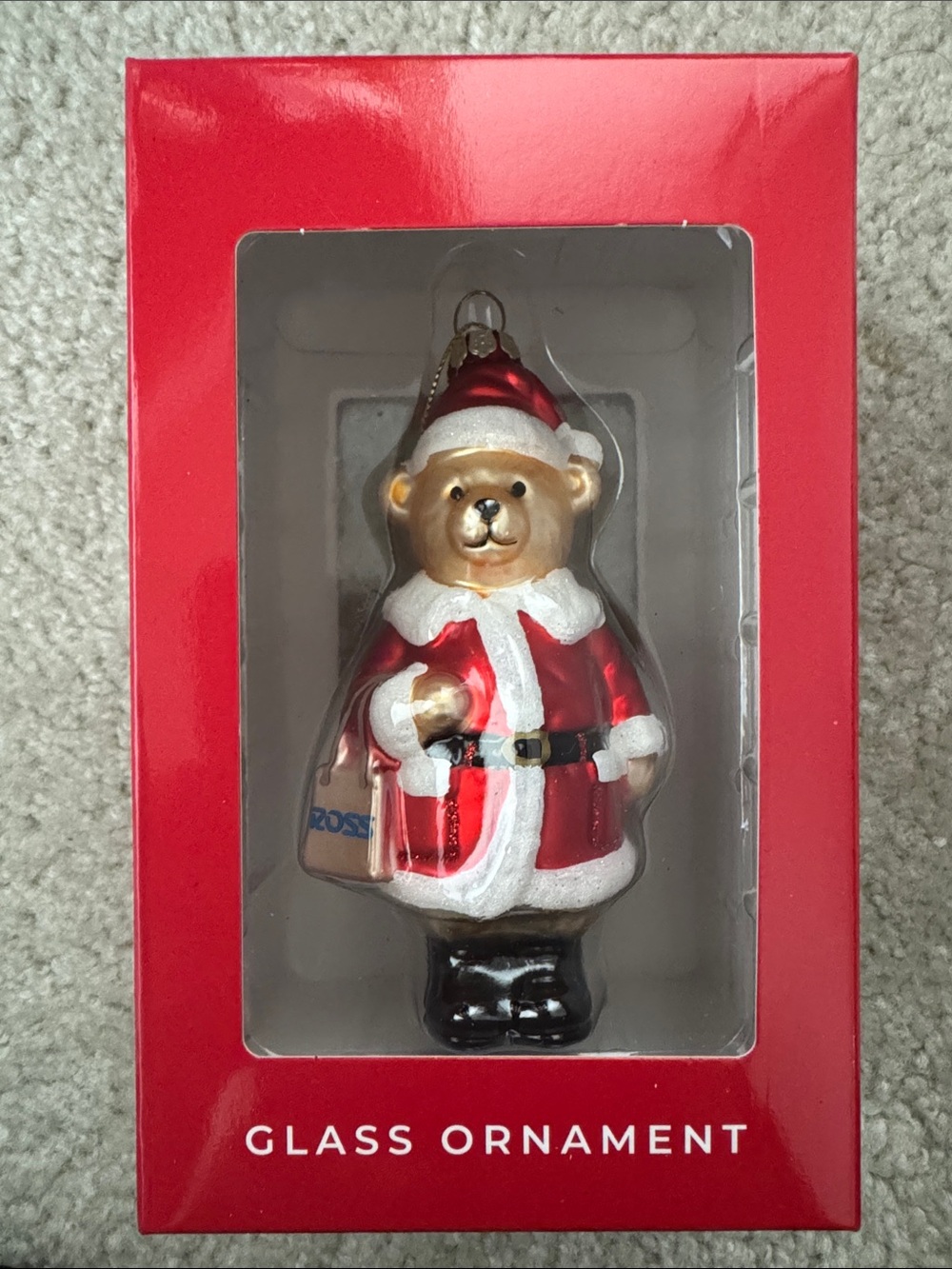 Ross Dress For Less Glass Teddy Bear Santa Ornament - Red & White